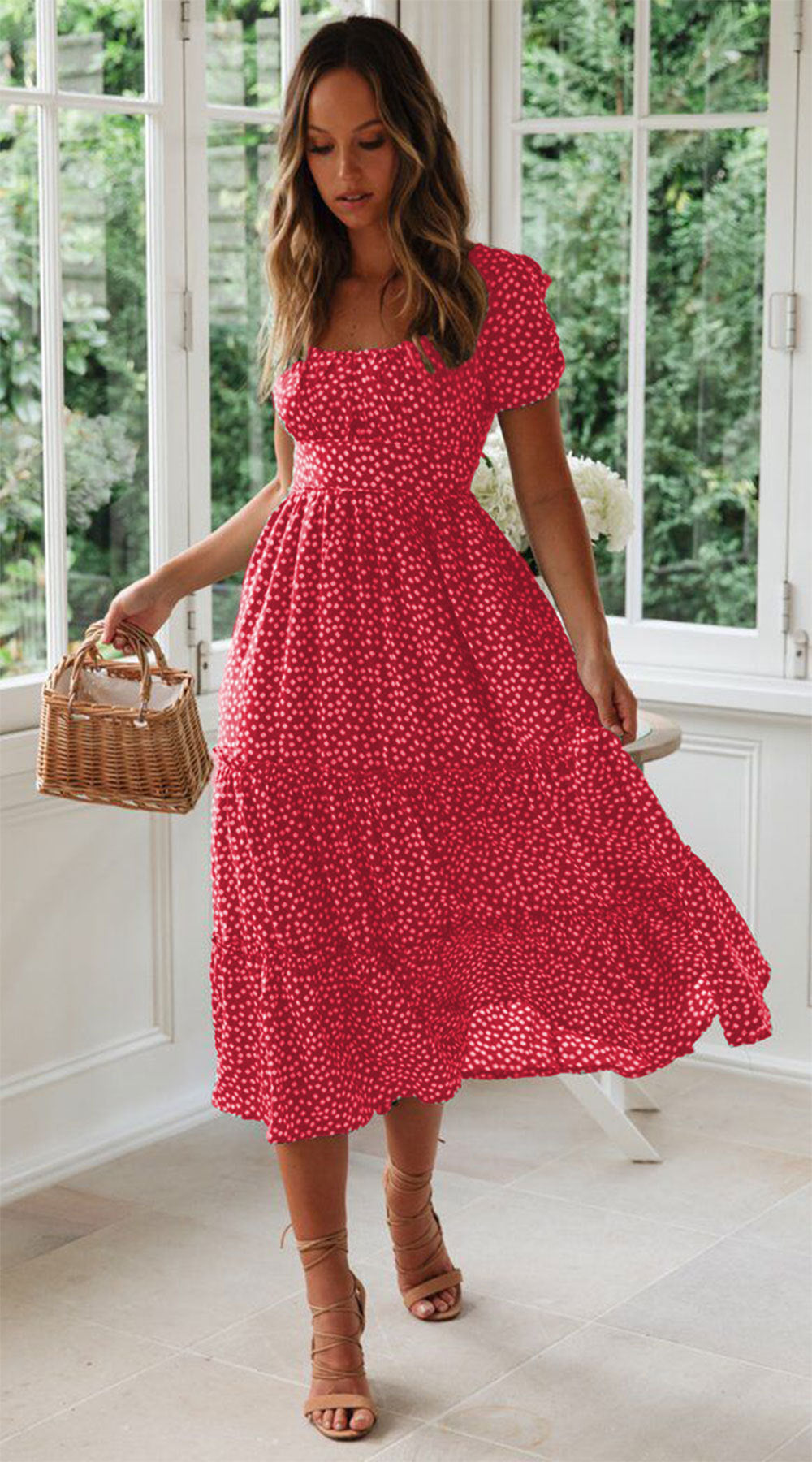 Square Collar Puff Sleeve Floral Dress Long Dress