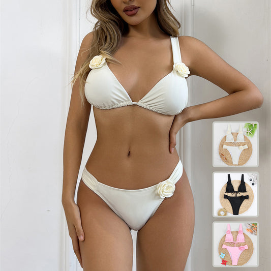 Summer Beach Bikini 3D Three-dimensional Flowers Bikini Set Sexy Solid Color Swimsuit Womens Clothing