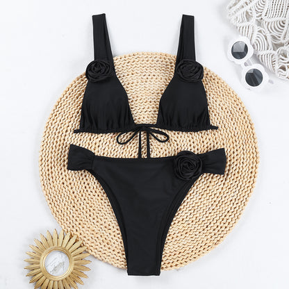 Summer Beach Bikini 3D Three-dimensional Flowers Bikini Set Sexy Solid Color Swimsuit Womens Clothing