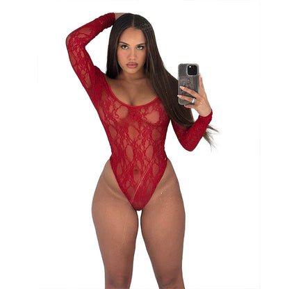 Women's Lace Crocheted U-neck See-through Tight Jumpsuit