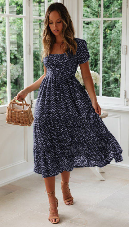 Square Collar Puff Sleeve Floral Dress Long Dress